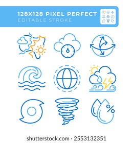 Clima relacionado con dos iconos de línea de color conjunto. Frentes de Clima. Presión atmosférica. Huracanes, tornados y tormentas bicolor delinean iconset aislado. Pictogramas duotónicos lineales delgados. Trazo editable