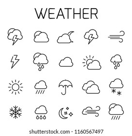 Weather related vector icon set. Well-crafted sign in thin line style with editable stroke. Vector symbols isolated on a white background. Simple pictograms.