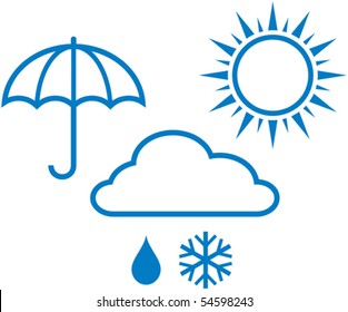 Weather report icons - sunny, cloudy, rainy weather. Vector illustration