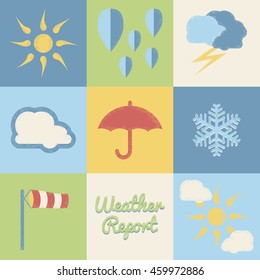 Weather report. Set of weather related simple textured icons, vector illustration