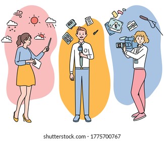 Weather reports, field reporters and cameraman for news characters and icons. hand drawn style vector design illustrations. 