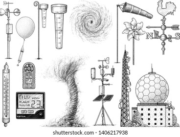 Kollektion von Wetterforschungstools, Illustration, Zeichnung, Gravur, Tinte, Linienkunst, Vektorillustration