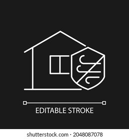 Weather resistance white linear icon for dark theme. Weatherproofing apartment building. Thin line customizable illustration. Isolated vector contour symbol for night mode. Editable stroke