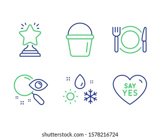 Weather, Restaurant food and Bucket line icons set. Search, Winner and Say yes signs. Climate, Cutlery, Washing equipment. Find document. Line weather outline icons. Vector