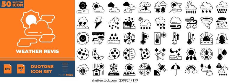 Weather Revis Duotone Editable Icons set. Vector illustration in modern thin duotone style of weather icons: temperature, sun, rain, snow, cloud, humidity, etc