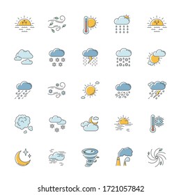 Weather RGB color icons set. Meteorology. Sky condition prediction. Temperature, wind and atmospheric precipitation forecasting. Isolated vector illustrations