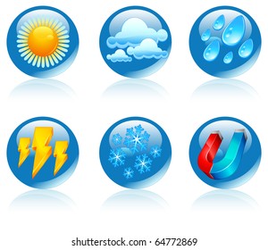 Weather round icons, forecast emblems on white, vector illustration