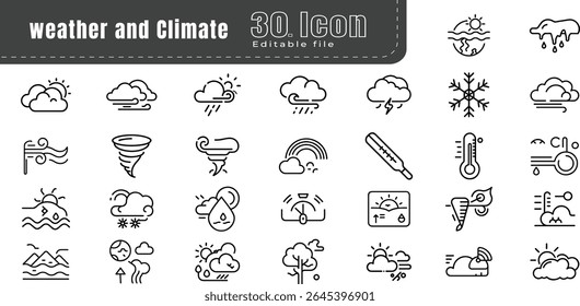  Weather rounded line icon set. climate clouds sun temperature. The set contains icons: Sun, Moon, Cloud, Winter, Summer, Rain, Snow, Blizzard, Umbrella, Snowflake, Sunrise, Wind