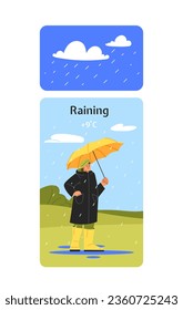 Weather scene raining concept. Woman with yellow umbrella in black coat under drops. Autumn and fall season. Poster or banner. Cartoon flat vector illustration isolated on white background