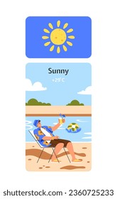 Weather scene sunny concept. Man at chair sitting outdoor at beach. Rest and relax in tropical and exotic country. Scene and panorama. Cartoon flat vector illustration isolated on white background