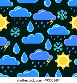 Weather seamless pattern. Clouds, sun and other weather symbols.