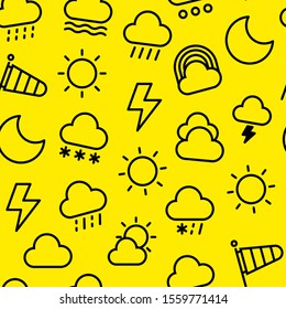 Weather seamless pattern. Flat icons: rain, overcast, partly cloudy, fog, snow, thunderstorm, hail, sleet, rainbow. Vector illustration for background.