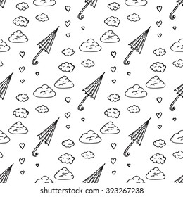 Weather Seamless pattern. Hand drawn doodle umbrellas and clouds. Background for kids. Children's wallpaper. Black and white