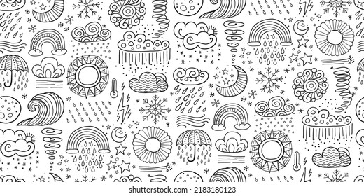 Weather seamless pattern. Meteorology symbols in childish style. Art background for your design. Vector illustration