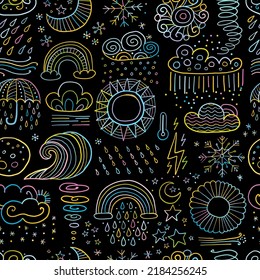 Weather seamless pattern. Meteorology symbols in childish style. Art background for your design. Vector illustration