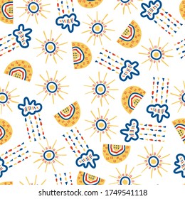 Wetternahtloses Muster für Tapeten, Wickelpapier, Scrapbooking. Childischer Vektorhintergrund. Einfache endlose Illustration mit Wolke, Sonne, Regenbogen