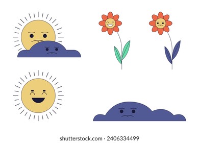Weather seasons changing 2D linear cartoon characters set. Forecast, emotional flowers isolated line vector personages white background. Environmental color flat spot illustrations collection