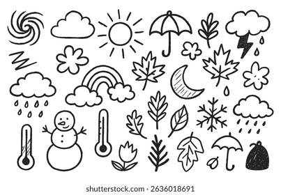 Weer en seizoenen doodle set met zon, wolk, regen, bladeren, sneeuwvlok, paraplu en andere elementen