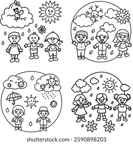 Weather and Seasons Educational Coloring Page for Kids.  a fun weather and seasons coloring page, featuring the four seasons with elements like sun, rain, snow, and wind, along with kids