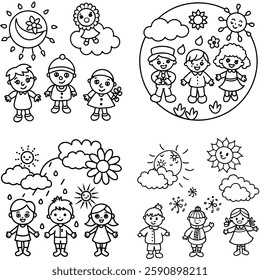 Weather and Seasons Educational Coloring Page for Kids.  a fun weather and seasons coloring page, featuring the four seasons with elements like sun, rain, snow, and wind, along with kids