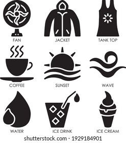 weather, seasons, sea and beach icons pack solid or glyph style for web mobile app presentation printing