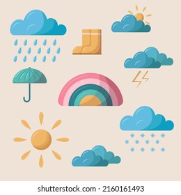 Weather set. Baby cartoon vector illustration. Sun, clouds, rainbow, rain. Bright color palette. Flat style with shadows.