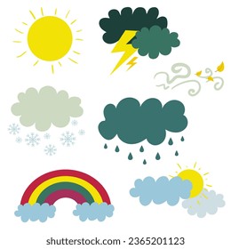 Weather set with clouds, rainbow, sun, wind, rain,snow