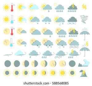 Weather set of colored icons. Rain and thunderstorms, sunny, tornado, tsunami, volcanic eruption. Vector