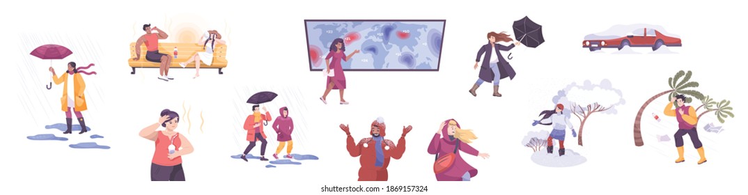 Weather set of flat icons with characters of people wearing seasonal clothing and weather forecast host vector illustration