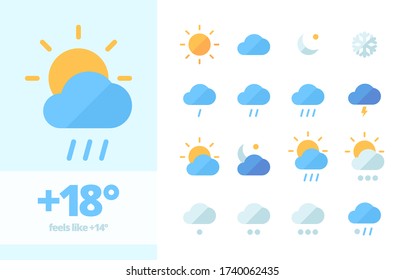 Weather set icon . Climatic fluctuations in world heavy rains lightning cooling cloudy sunny month snowfall snowflake cloudy day clear weather night meteorological forecast. Flat vector icons.