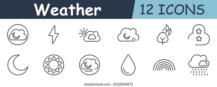 Weather set icon. Cloud, lightning, sun, moon, tree, fire, stars, rain, rainbow, drop, temperature, wind, forecast, climate.