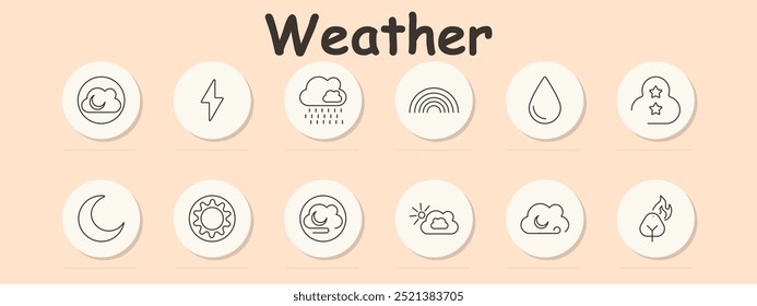 Weather set icon. Cloud with moon, lightning, rain cloud, rainbow, droplet, night sky with stars, crescent moon, sun with rays, cloudy night, sun behind cloud, wavy lines, tree with fire