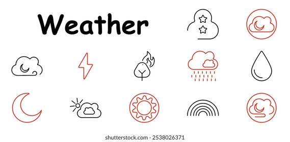 Icono de conjunto de Climas. Nube, luna, rayo, fuego, lluvia, gota, media luna, sol, estrellas, arco iris, pronóstico, precipitación, atmósfera