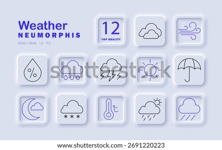 Weather set icon. Cloud, rain, snow, sun, wind, storm, temperature, umbrella, moon, thunder, humidity daily forecast icons in neumorphism style.