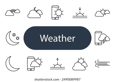 Weather set icon. Cloud, rainbow, moon, sun, storm, phone, wind, sunrise, sunset, night, forecast, meteorology, climate, atmospheric, condition, temperature, app, prediction, lightning, smartphone.