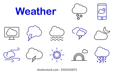 Weather set icon. Cloud, storm, rainbow, lightning, sun, moon, wind, rain, weather forecast, meteorology, climate, weather conditions, thunderstorm, temperature, environment, weather app, prediction.