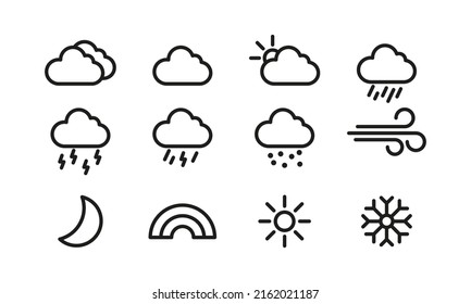 Weather set icon. Cloud, sun, rain, hail, thunderstorm, snow, frost, wind, hurricane, moon, rainbow, winter. Sky concept. Vector line icon for Business and Advertising