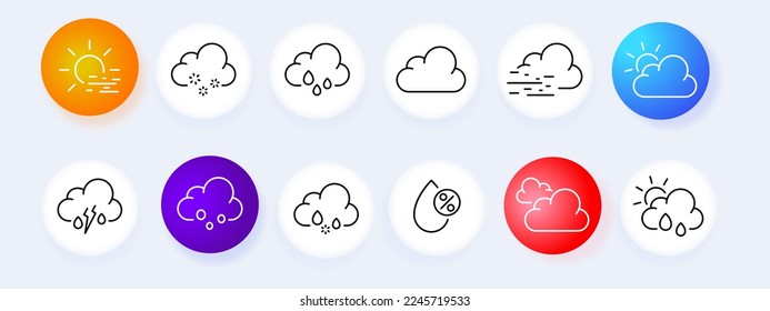Weather set icon. Cloud, sun, rain, hail, thunderstorm, snow, frost, wind, hurricane, moon, rainbow, winter. Sky concept. Neomorphism style. Vector line icon for Business