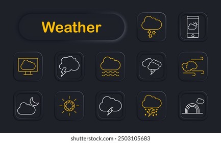 Weather set icon. Cloud, tornado, rainbow, thermometer, sun, lightning, moon, snow, wind, rain, forecast, weather conditions, meteorology, storm, temperature, climate, weather app, environment.