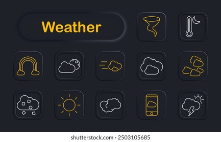 Weather set icon. Cloud, tornado, rainbow, thermometer, sun, lightning, moon, snow, wind, rain, forecast, weather conditions, meteorology, storm, temperature, climate, weather app, environment.