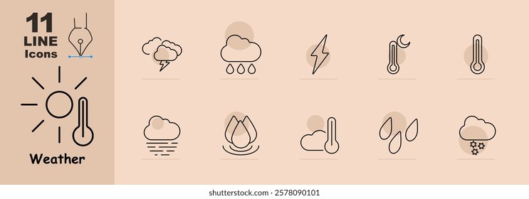 Weather set icon. Clouds, thunderstorm, raindrops, lightning, moon, thermometer, fog, waterdrop, snow, and sun. Represents weather conditions and forecasts.