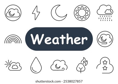 Ícone de previsão do tempo. Lua crescente com nuvens, raios, sol, chuva, arco-íris, gota, sol, vento, fogo de folha, estrelas e nuvem. Ideal para previsão, clima e estações