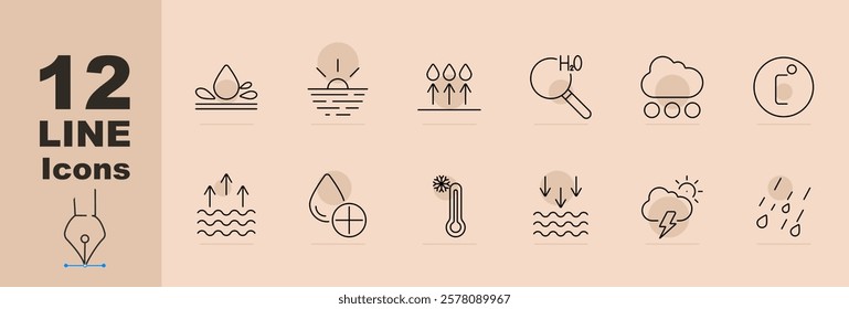 Weather set icon. Drop icon, sunrise, evaporation, H2O magnifier, cloud with droplets, atmosphere, snowflake, storm cloud, water, wind, temperature. Represents weather and climate study tools