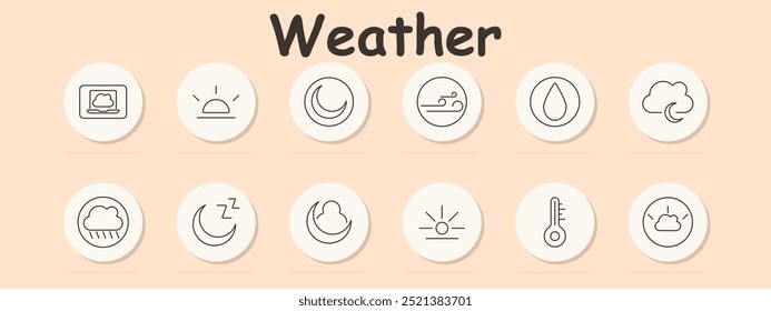 Weather set icon. Laptop with cloud, sunrise, crescent moon, wind, raindrop, cloudy night, rain cloud, crescent moon with sleep, moon behind person, sunrise with cloud, thermometer, cloudy day.