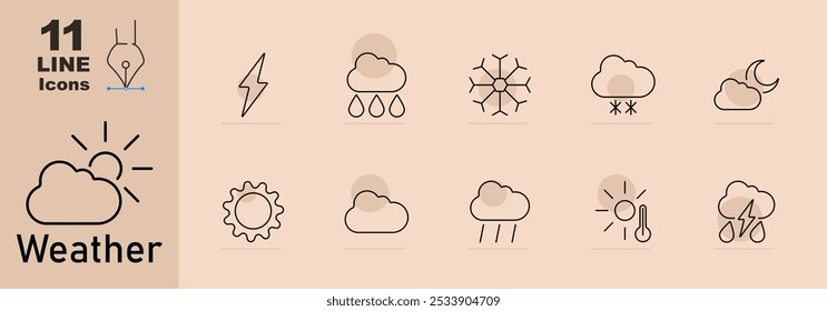 Ícone de previsão do tempo. Raios, chuva, floco de neve, neve, noite, sol e nuvem, sol, chuva, sol com termômetro, nuvem de tempestade