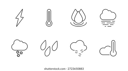 Icono de conjunto de Climas. Relámpago, termómetro, gotas de agua, niebla, nieve, lluvia, frío, nube que muestra pronóstico, temperatura, precipitación, temporada, atmósfera.