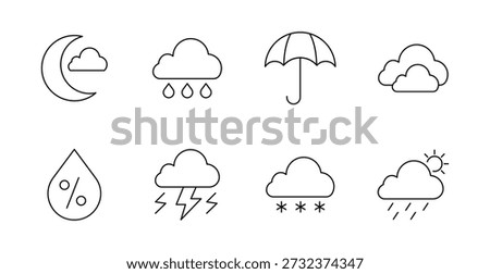 Weather set icon. Moon, cloud, rain, umbrella, snow, lightning, thunderstorm, humidity, sun, sky, precipitation, forecast, day, night, temperature