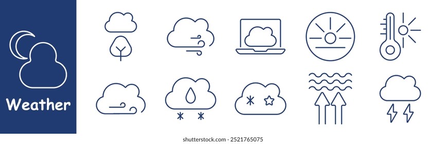 Icono de conjunto de Climas. Luna, nubes, árbol, viento, computadora con pronóstico, sol, termómetro, temperatura, cubierta de nubes, corriente de aire, nieve, lluvia, estrellas, predicción del clima, atmosférico