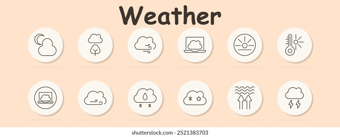 Weather set icon. Night cloud, windy, laptop weather, sun, thermometer, storm, star, rainy snow, wavy wind, storm lightning.