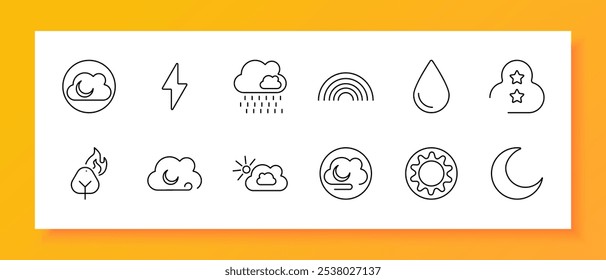 Ícone de previsão do tempo. Noite, tempestade, chuva, arco-íris, queda, estrelas, fogo, nuvem, sol, lua. Diversas condições meteorológicas e fenômenos naturais para previsões e design ambiental